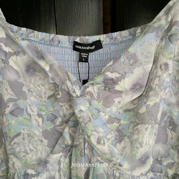 NWT Mittoshop Blue Gray Floral Princess Neckline Boho Midi Dress Size Large - Picture 3 of 15